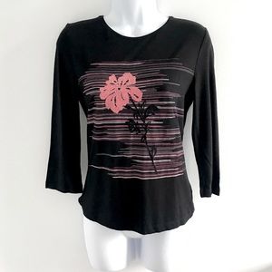 Olsen Black Floral Pink Black Soft Spring Womens Top 3/4 Sleeve